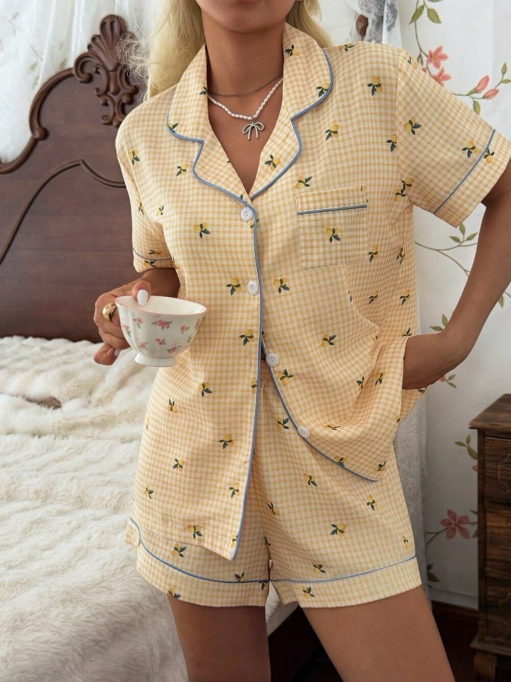 Yellow Women's Lemon Plaid Print Button-Front top & Shorts Pajama Set - Picture 2 of 7